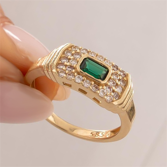 Yeşil Taşlı 14 Ayar Altın Yüzük