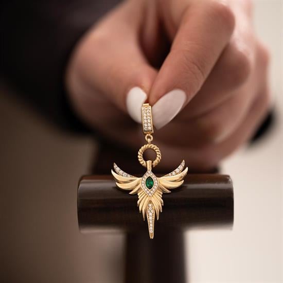 Yeşil Taşlı Anka Kuşu Kolye Ucu 14 Ayar 