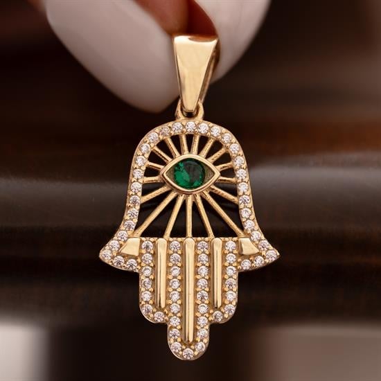 Yeşil Taşlı Fatma Ana Eli 14 Ayar Kolye Ucu