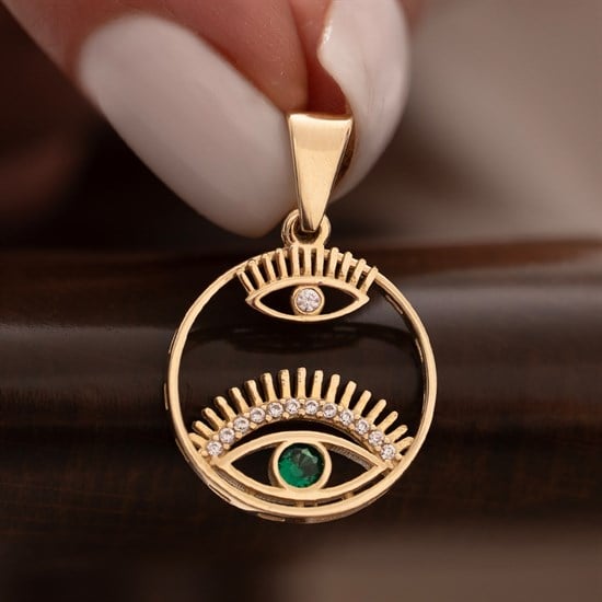 Yeşil Taşlı Göz 14 Ayar Kolye Ucu