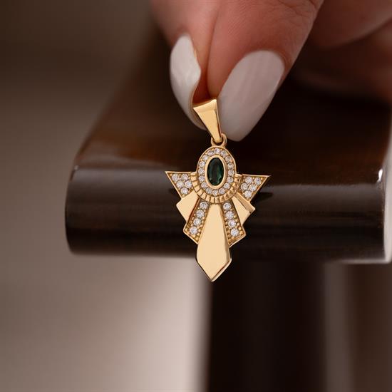 Yeşil Taşlı Özel Tasarım 14 Ayar Kolye Ucu