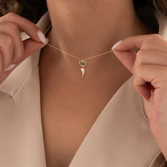 Yeşil Taşlı Üçgen 14 Ayar Altın Kolye