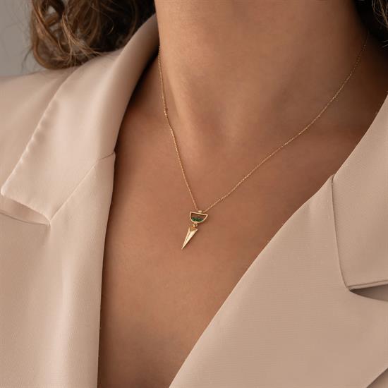 Yeşil Taşlı Üçgen 14 Ayar Altın Kolye