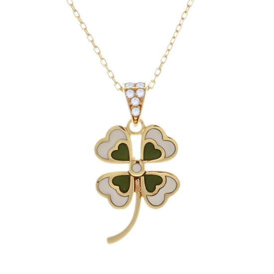 Yeşil Beyaz Yonca Kolye 14 Ayar Altın