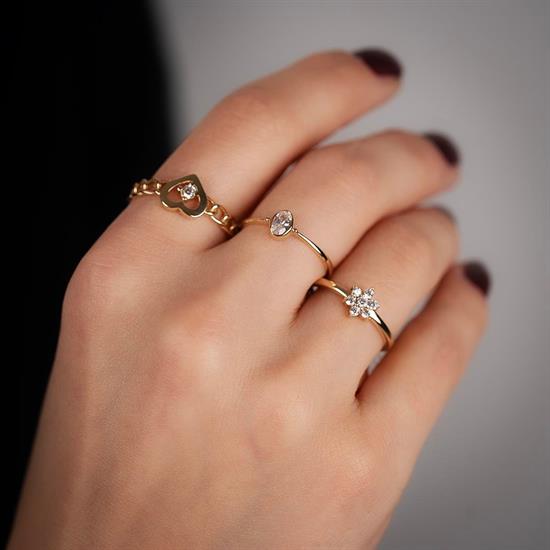 Zincir Kalp Beyaz Taşlı 14 Ayar Altın Yüzük