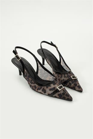 Jade File Leopar Desenli Siyah Topuklu Ayakkabı