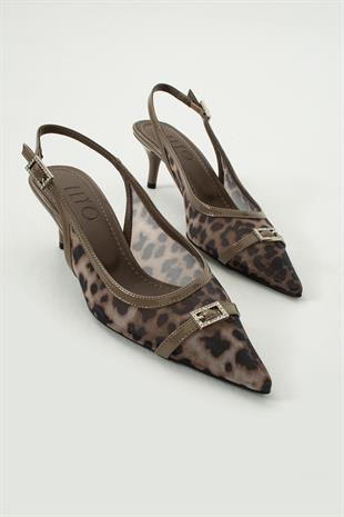 Jade File Leopar Desenli Vizon Topuklu Ayakkabı