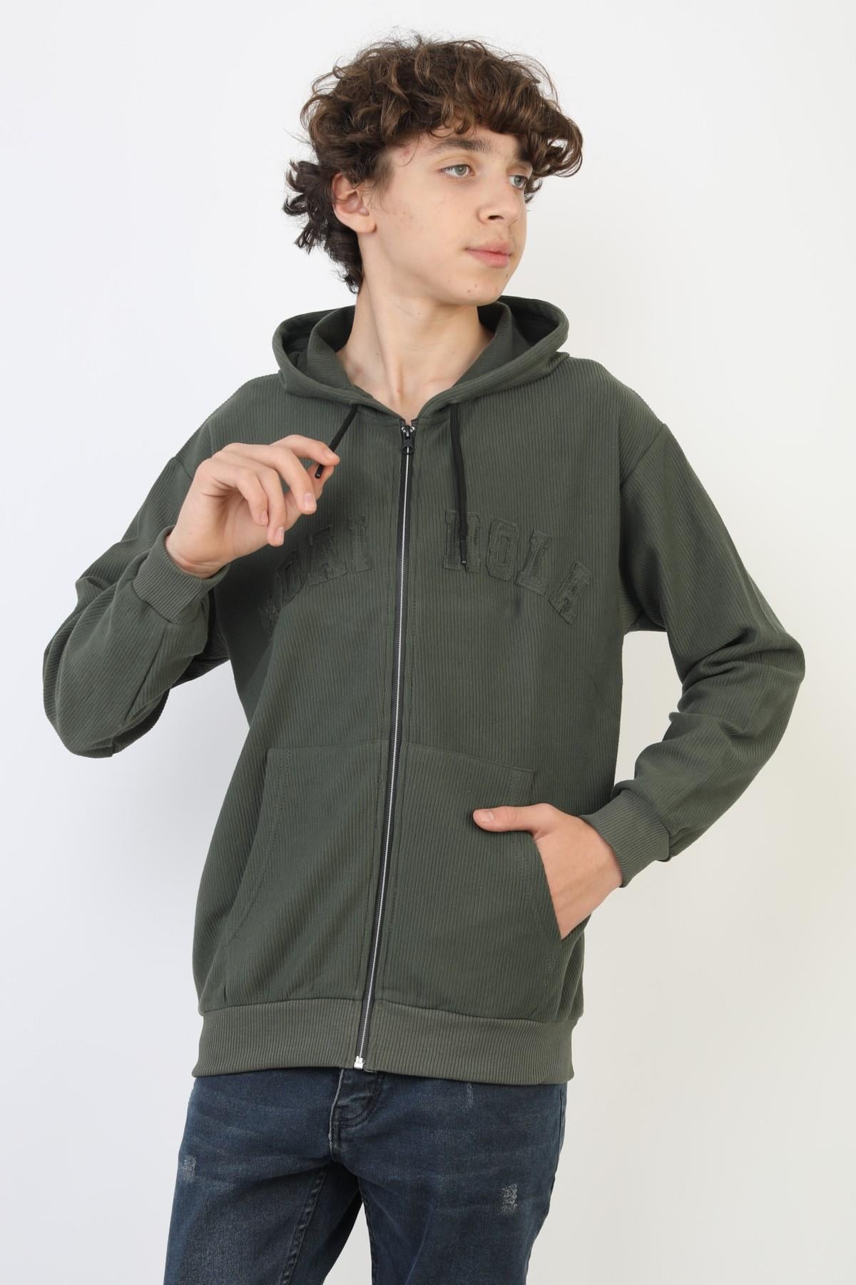 Fermuarlı Kapüşonlu İki İplik Baskılı Erkek Çocuk Sweatshirt