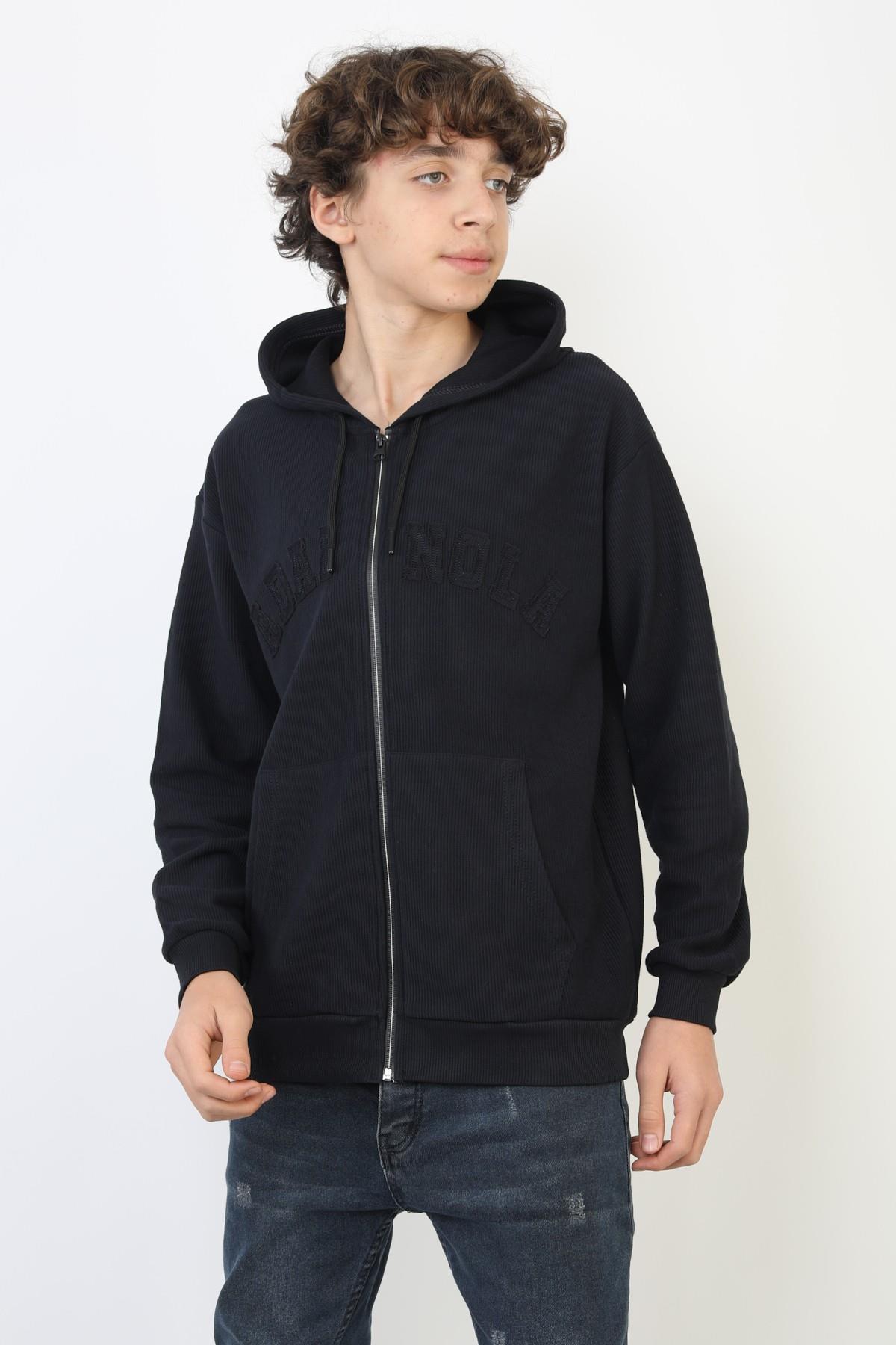 Fermuarlı Kapüşonlu İki İplik Baskılı Erkek Çocuk Sweatshirt