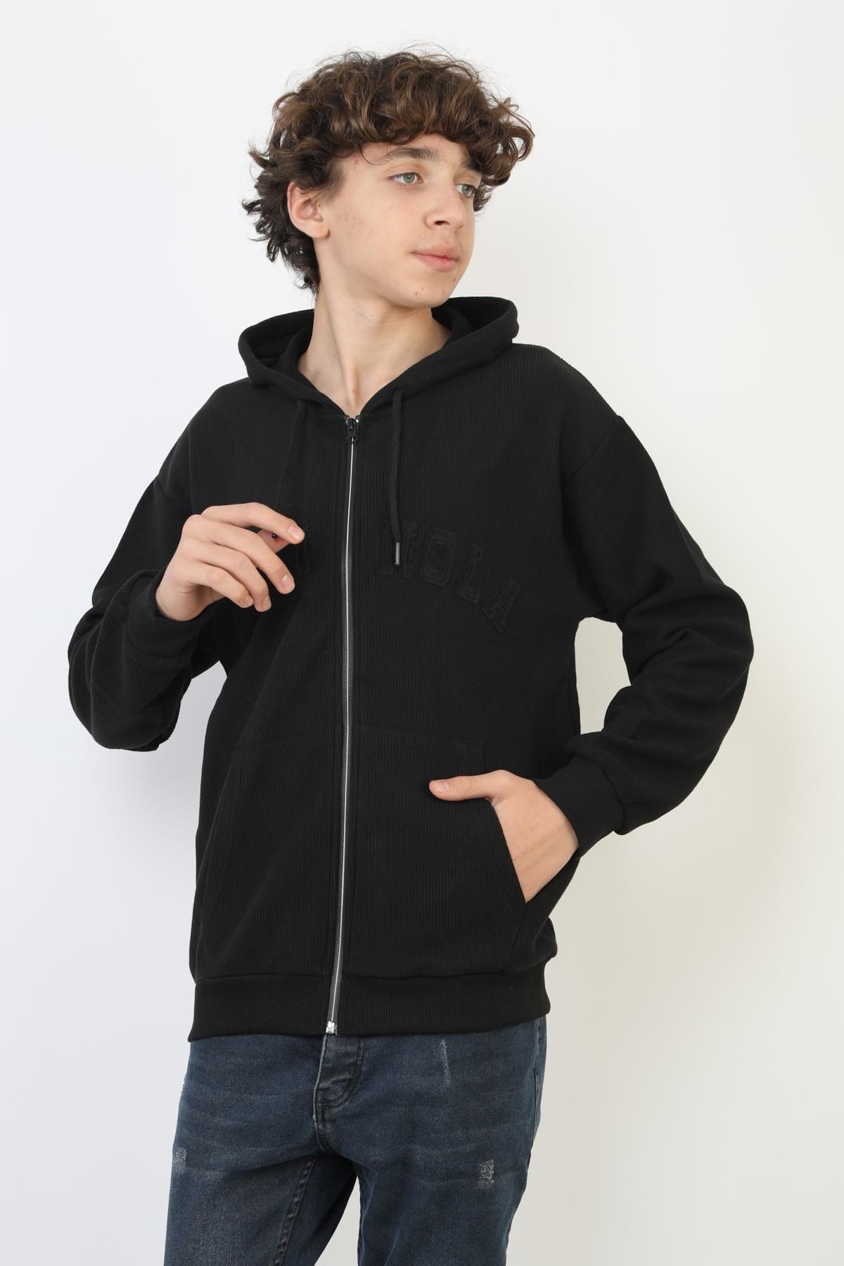 Fermuarlı Kapüşonlu İki İplik Baskılı Erkek Çocuk Sweatshirt