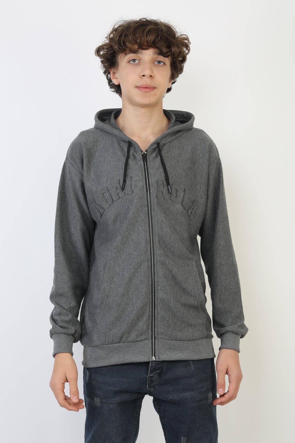 Fermuarlı Kapüşonlu İki İplik Baskılı Erkek Çocuk Sweatshirt