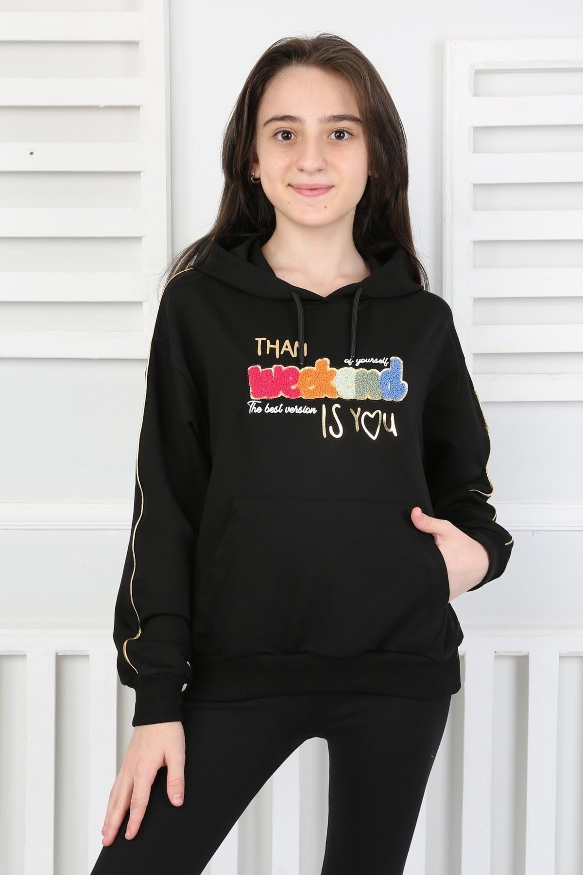 Kapüşonlu İki İplik Baskılı Kız Çocuk Sweatshirt