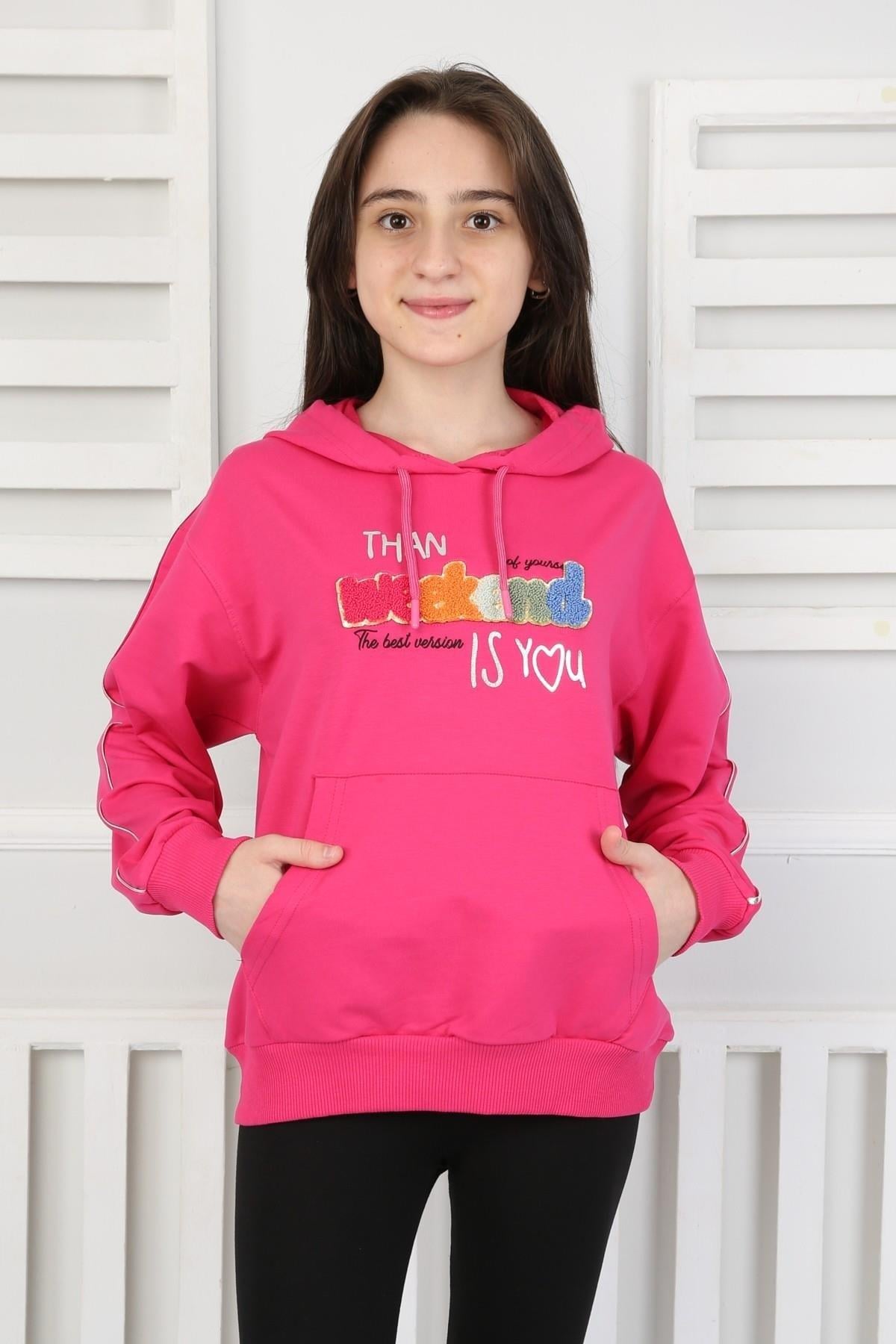 Kapüşonlu İki İplik Baskılı Kız Çocuk Sweatshirt