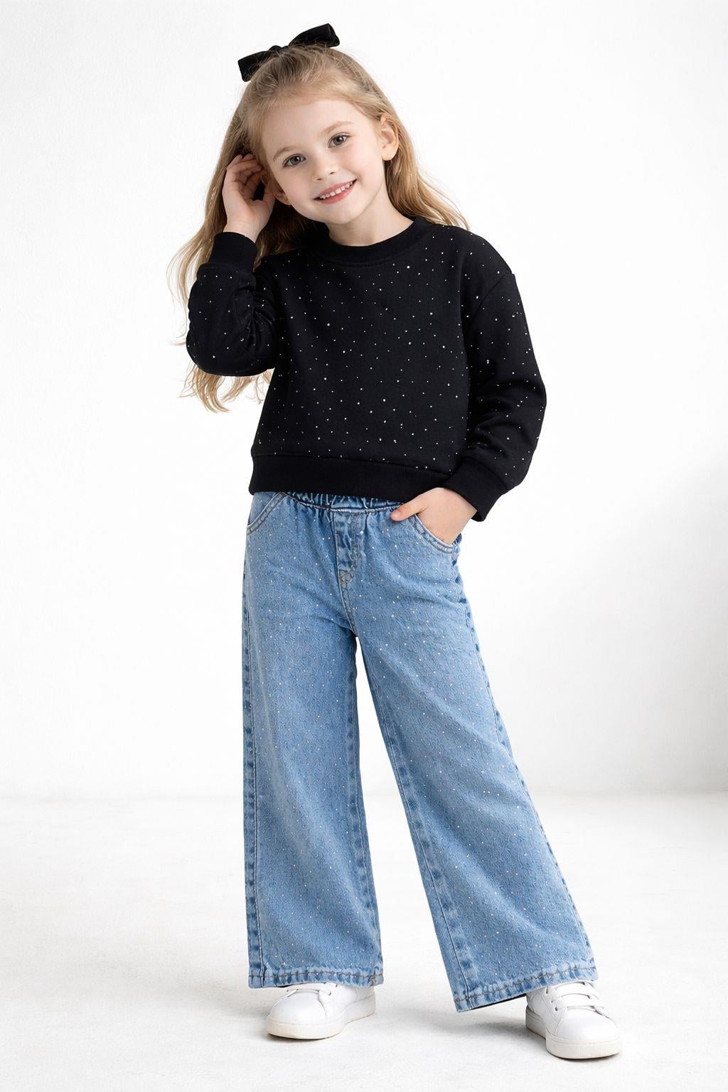Kız Çocuk Taş detaylı Sweatshirt ve Taş Detaylı Bol Paça Jean Pantolon 2'li Kombin Takım