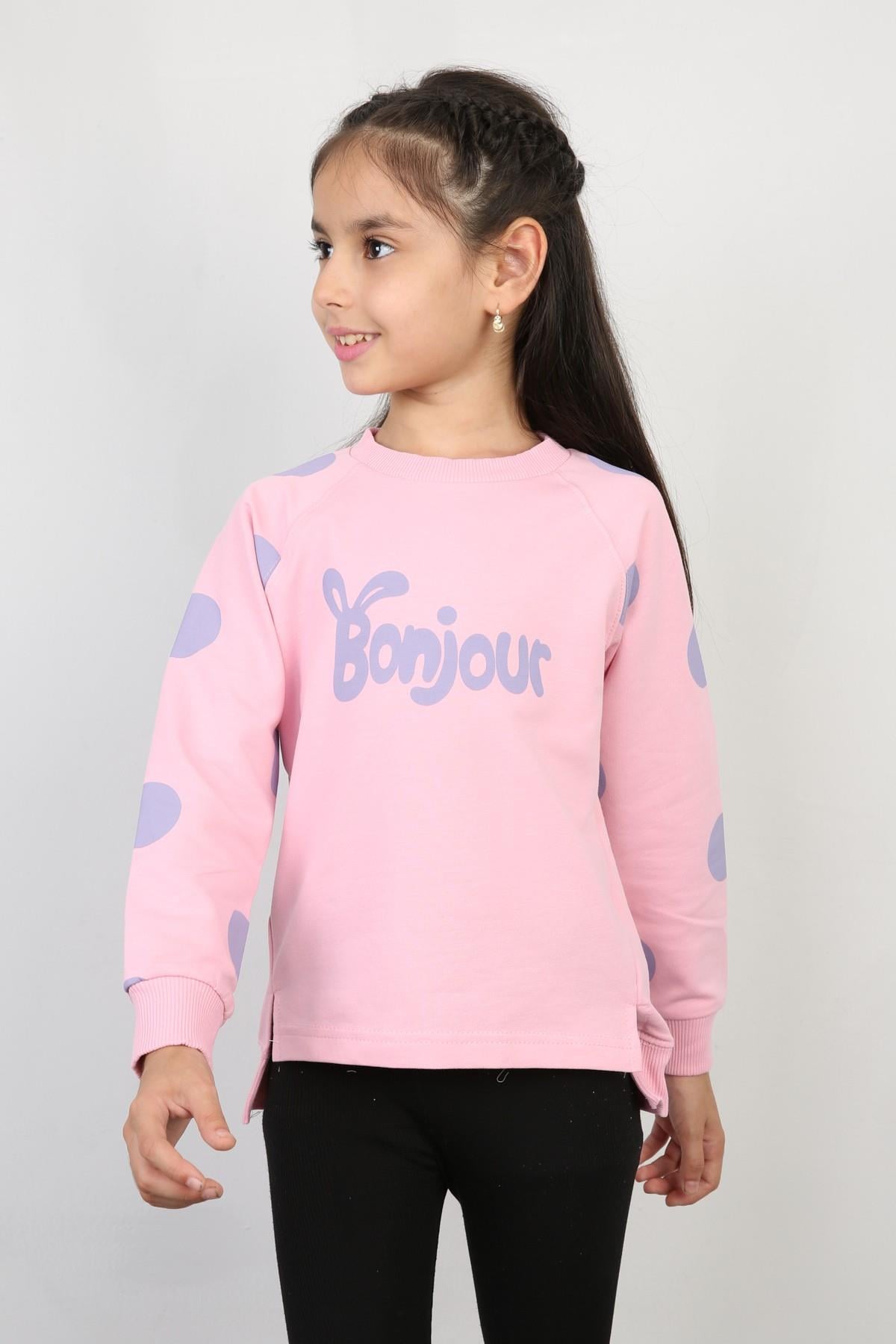 %100 Cotton İki İplik Baskılı Kız Sweatshirt