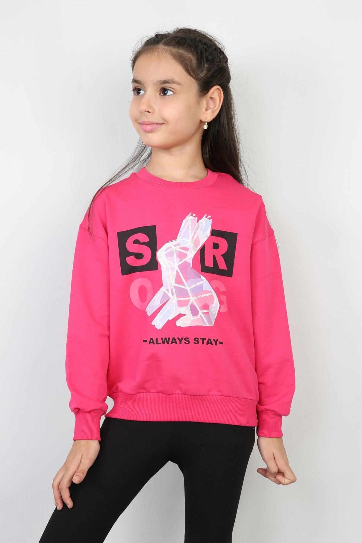 %100 Cotton İki İplik Baskılı Kız Sweatshirt
