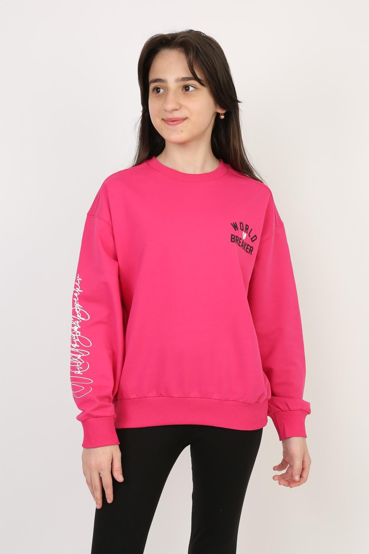 %100 Cotton İki İplik Baskılı Kız Sweatshirt