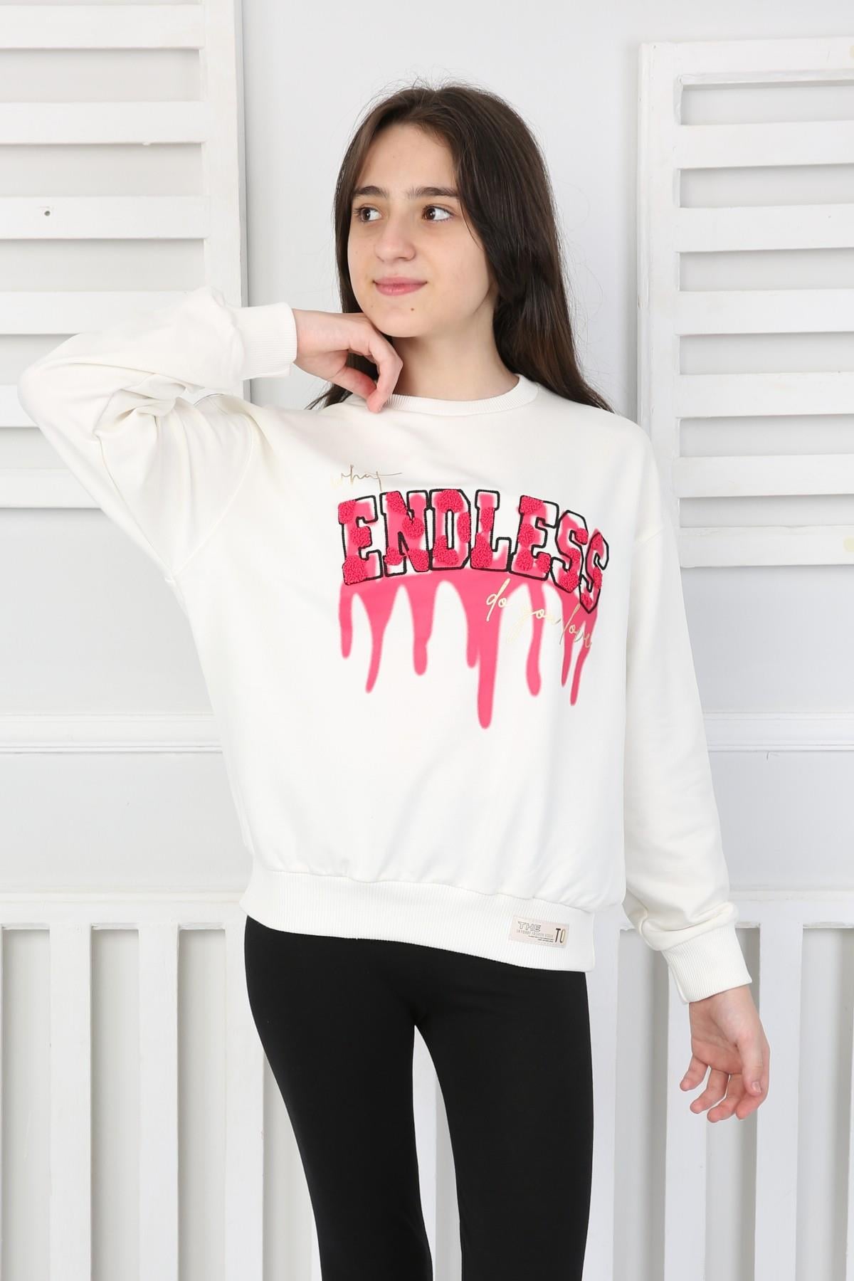 %100 Cotton İki İplik Baskılı Kız Sweatshirt