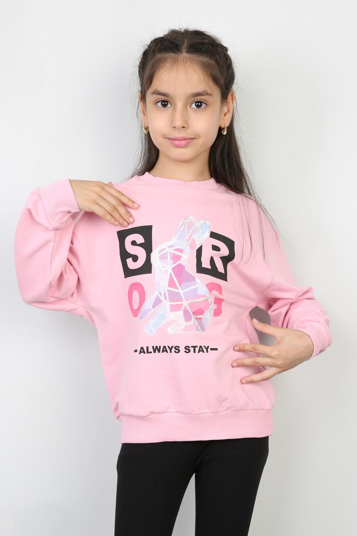 %100 Cotton İki İplik Baskılı Kız Sweatshirt