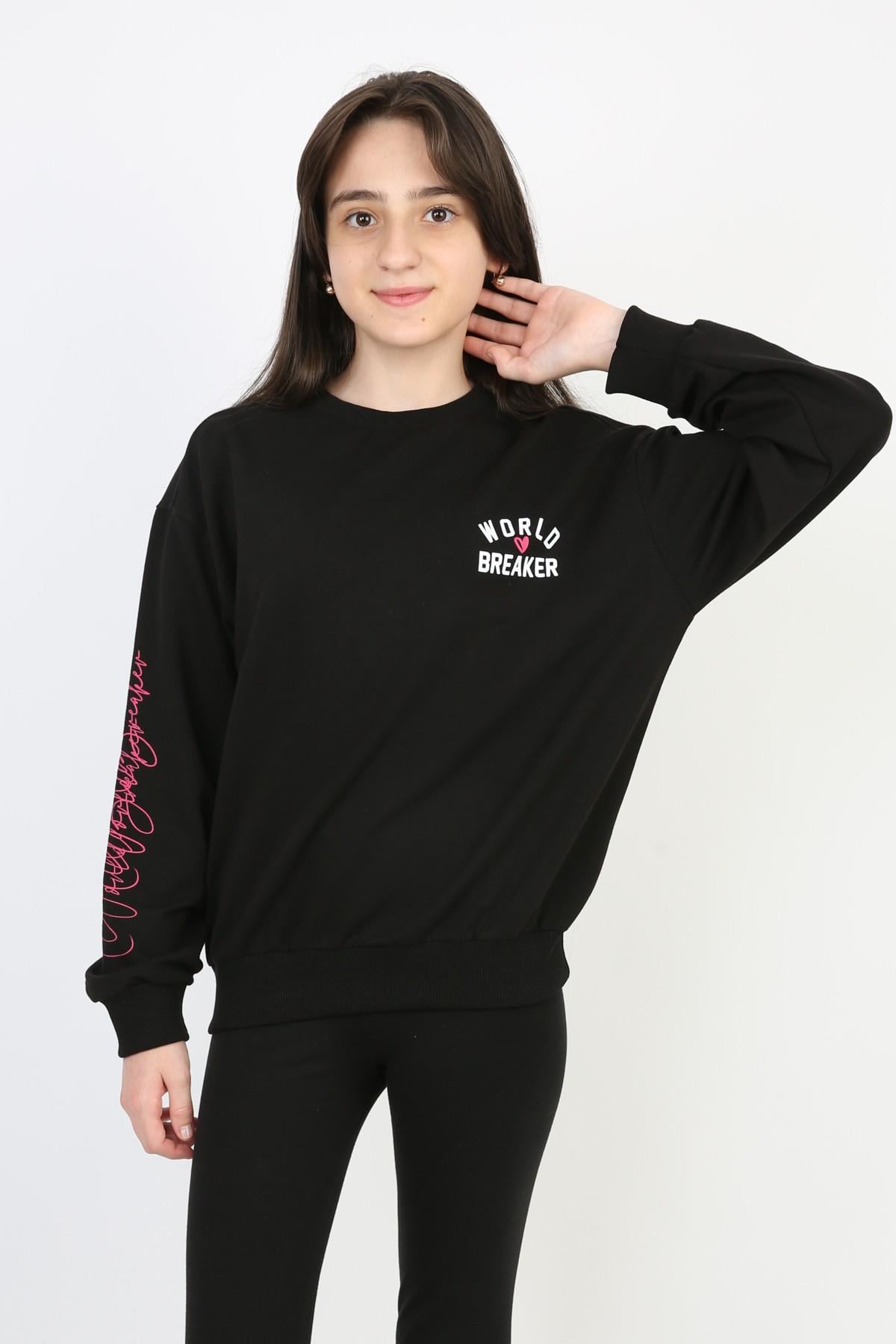 %100 Cotton İki İplik Baskılı Kız Sweatshirt