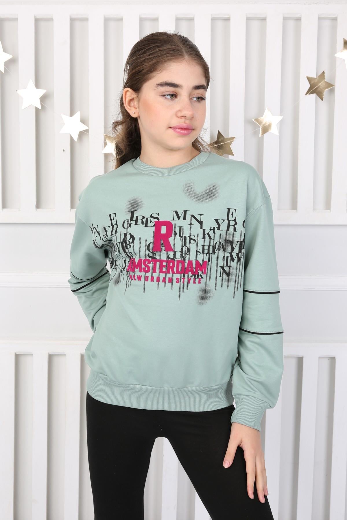 %100 Cotton İki İplik Baskılı Kız Sweatshirt