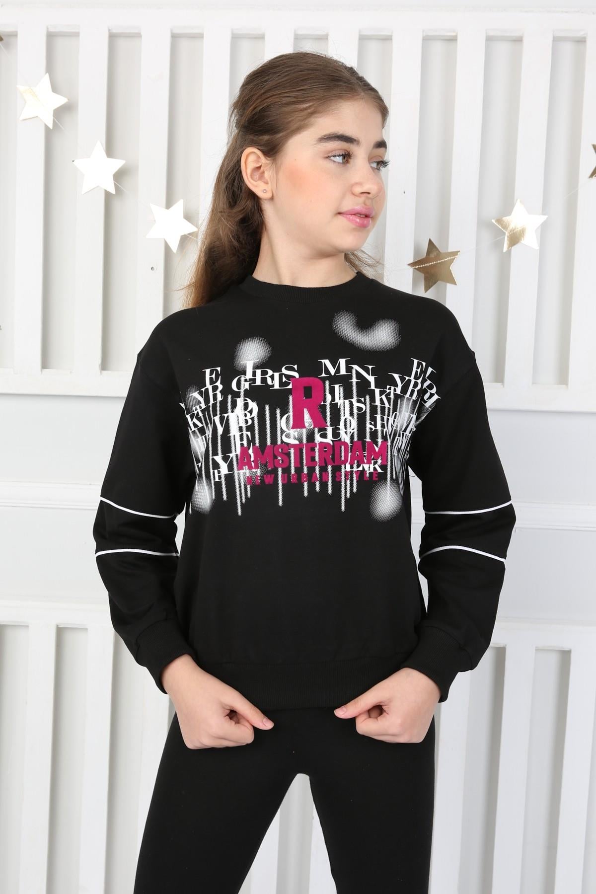 %100 Cotton İki İplik Baskılı Kız Sweatshirt