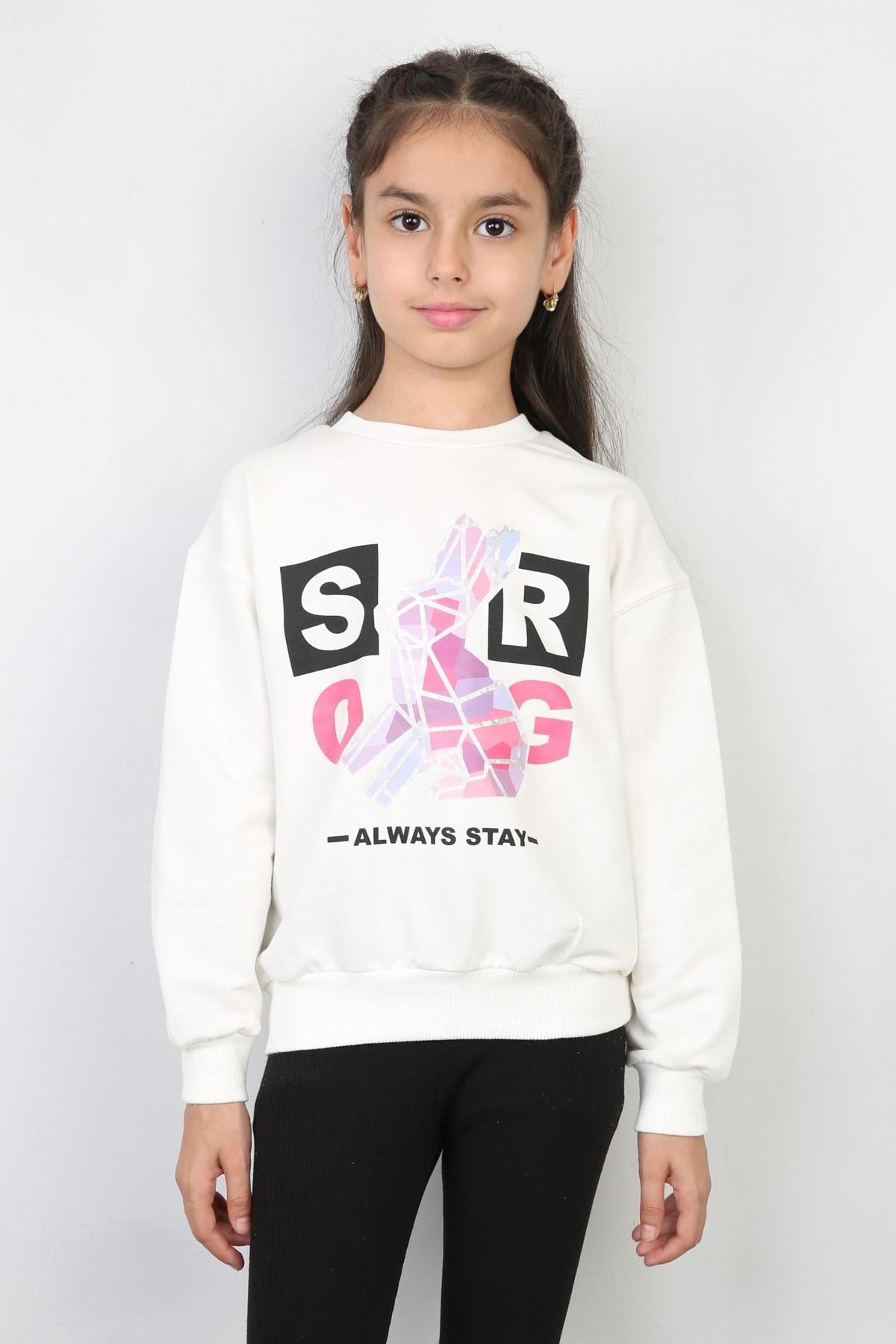 %100 Cotton İki İplik Baskılı Kız Sweatshirt