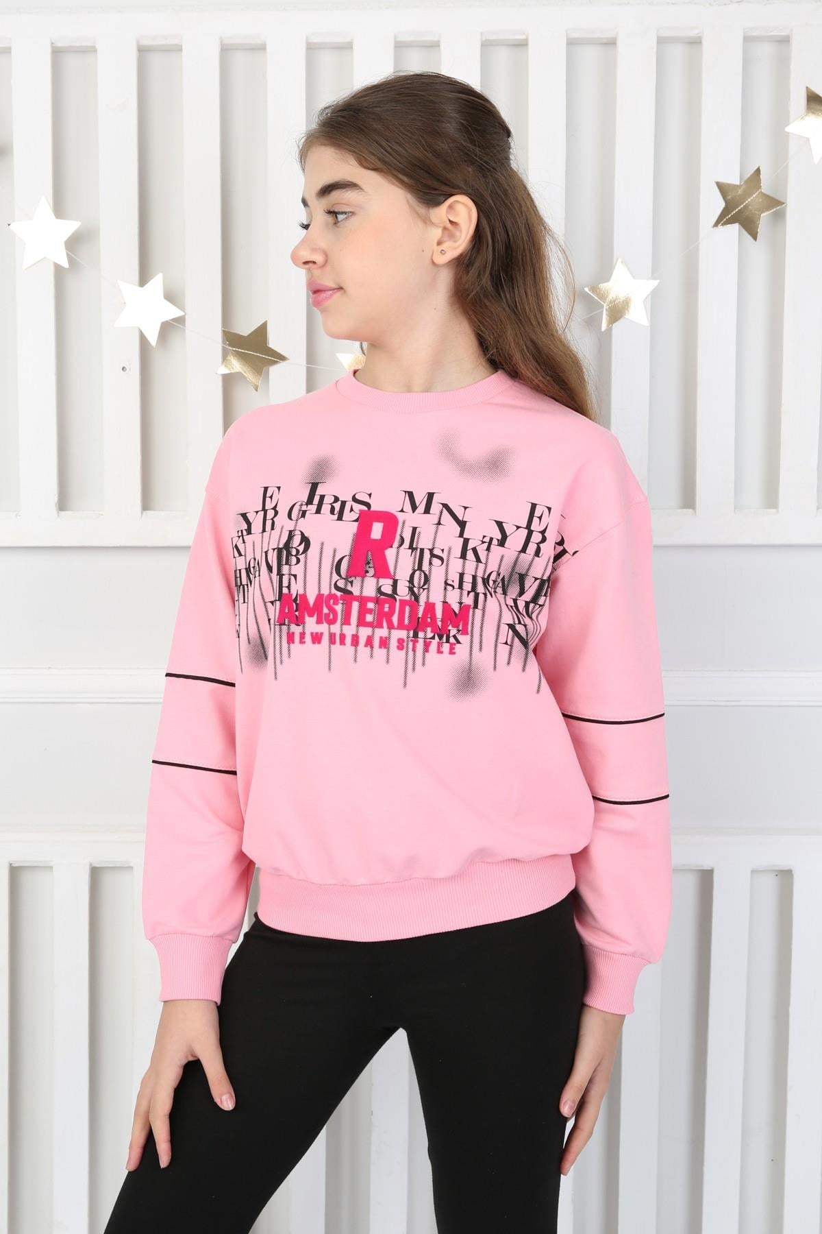 %100 Cotton İki İplik Baskılı Kız Sweatshirt