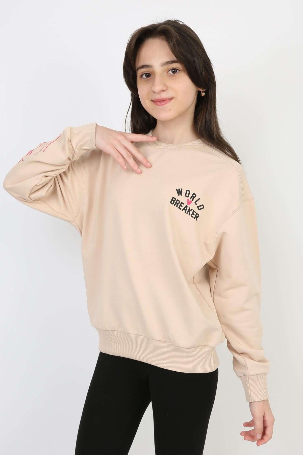 %100 Cotton İki İplik Baskılı Kız Sweatshirt