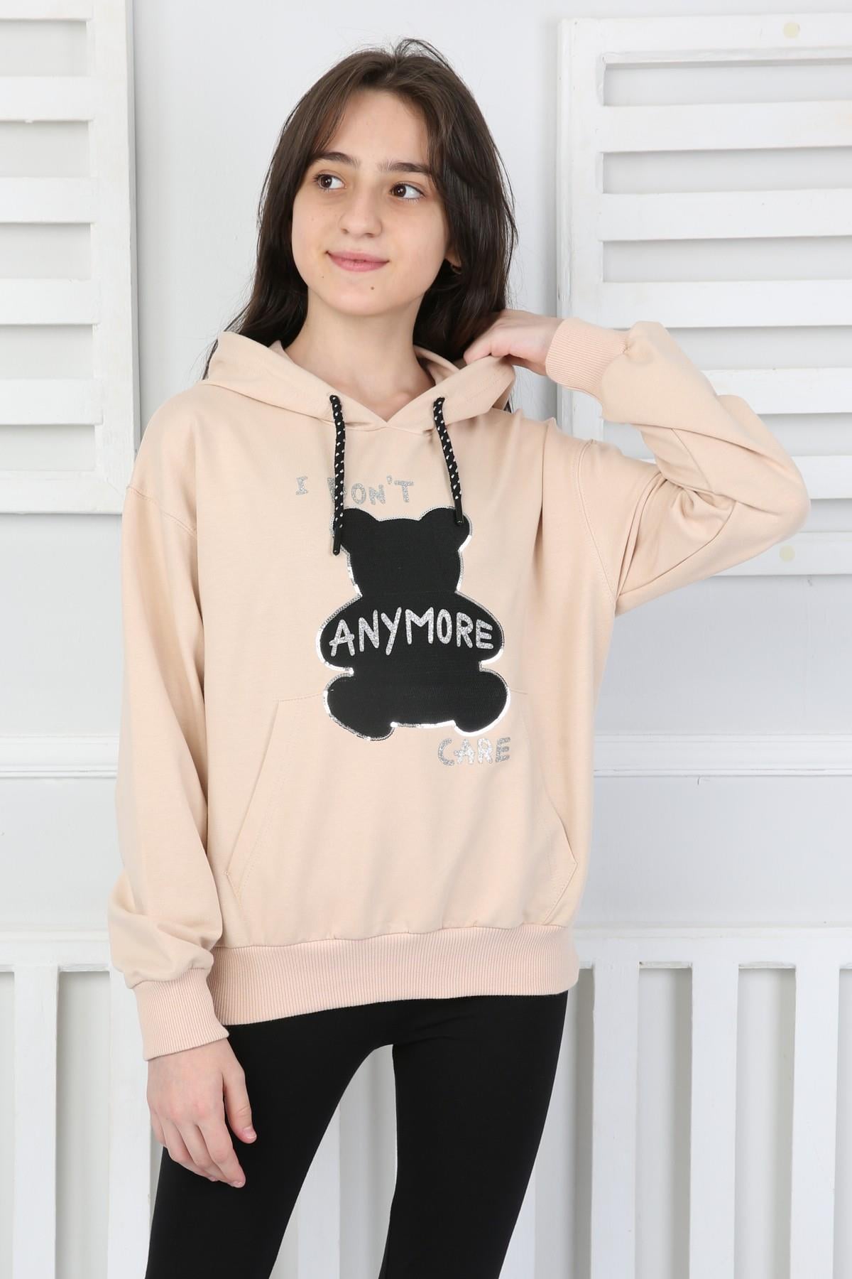 %100 Cotton Kapşonlu İki İplik Baskılı Kız Sweatshirt