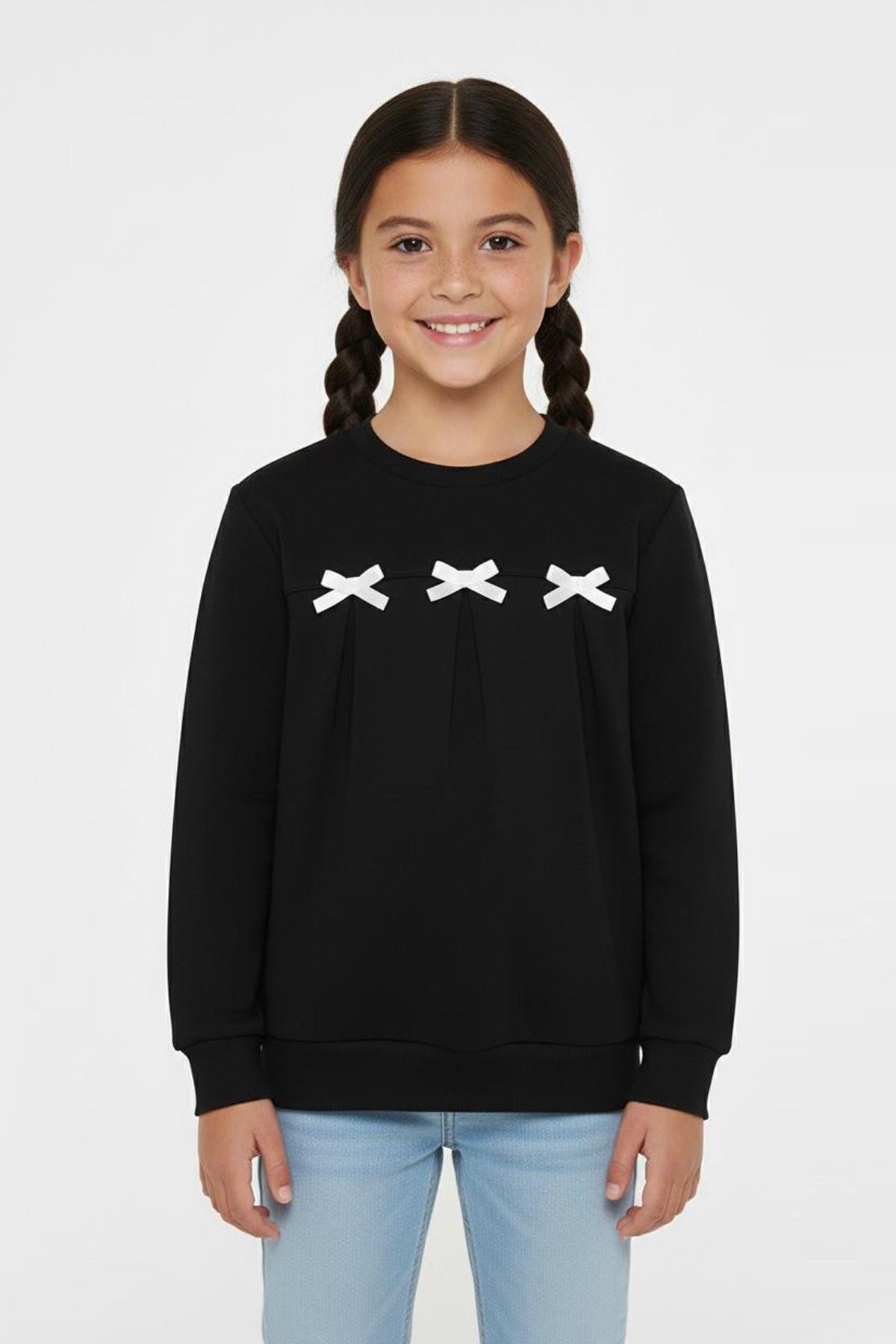 Fiyonklu Sıfır Yaka Kız Çocuk Günlük Sweatshirt