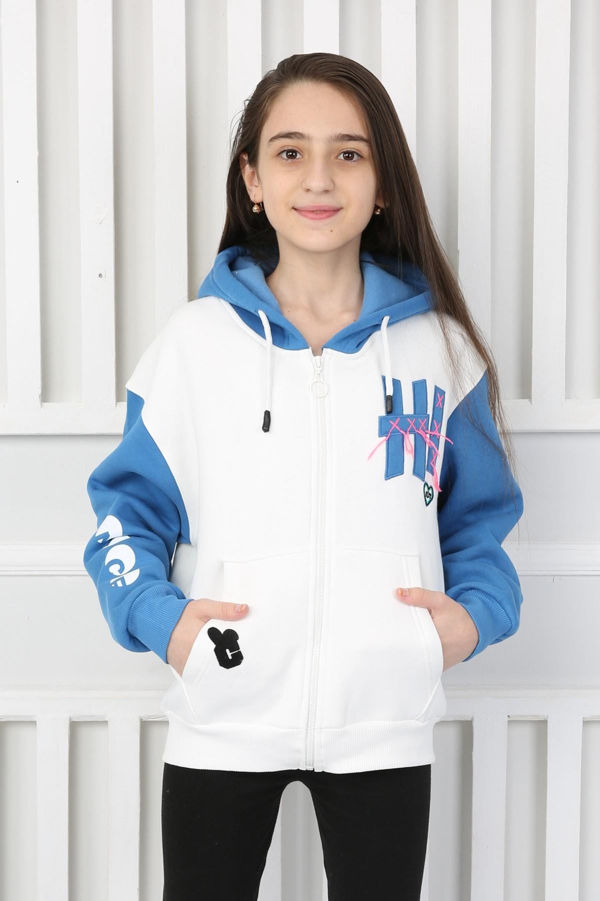 Kapşonlu Üç İplik Şardonlu Arkası Baskılı Kız Çocuk Sweatshirt
