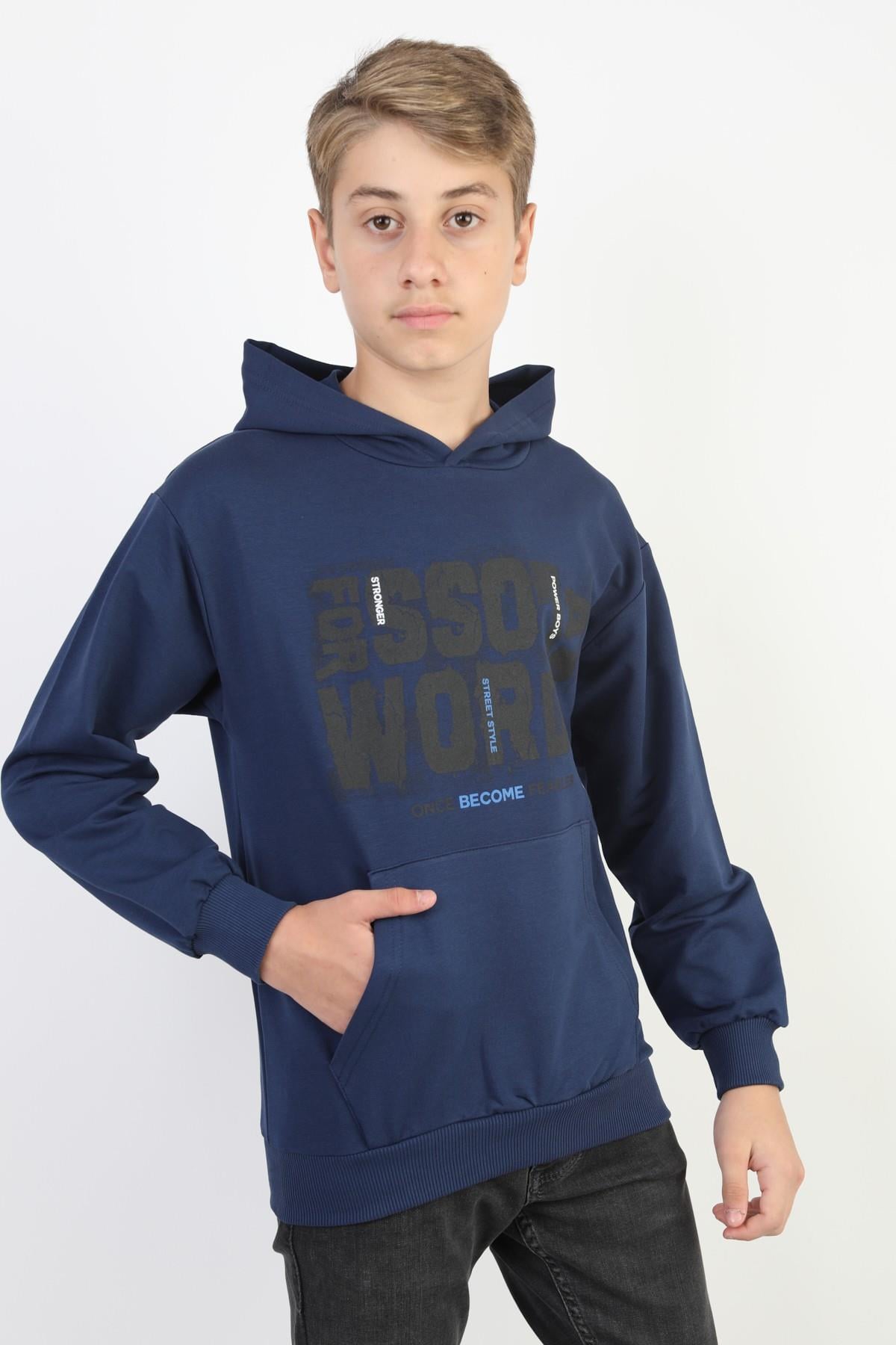 Kapüşonlu İki İplik Arkası Baskılı Erkek Çocuk Sweatshirt