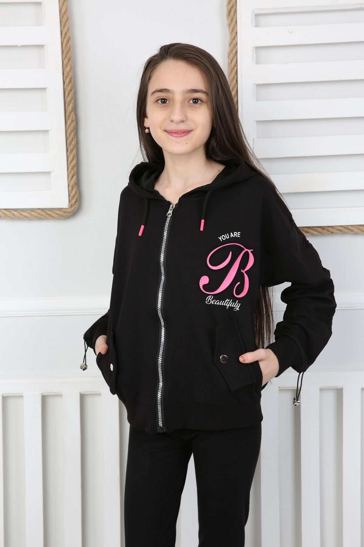 Kapüşonlu İki İplik Arkası Baskılı Kız Çocuk Sweatshirt