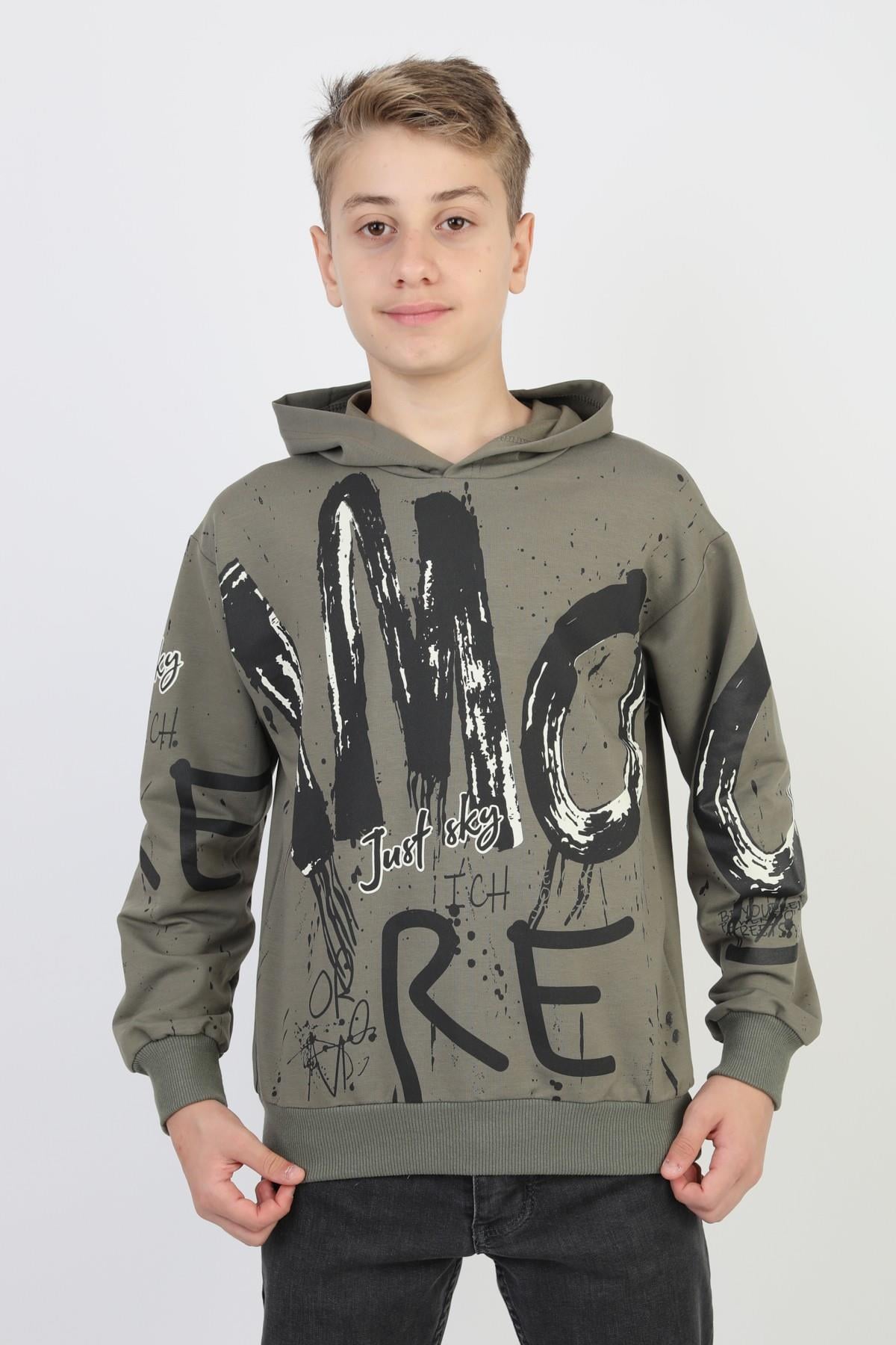 Kapüşonlu İki İplik Baskılı Erkek Çocuk Sweatshirt