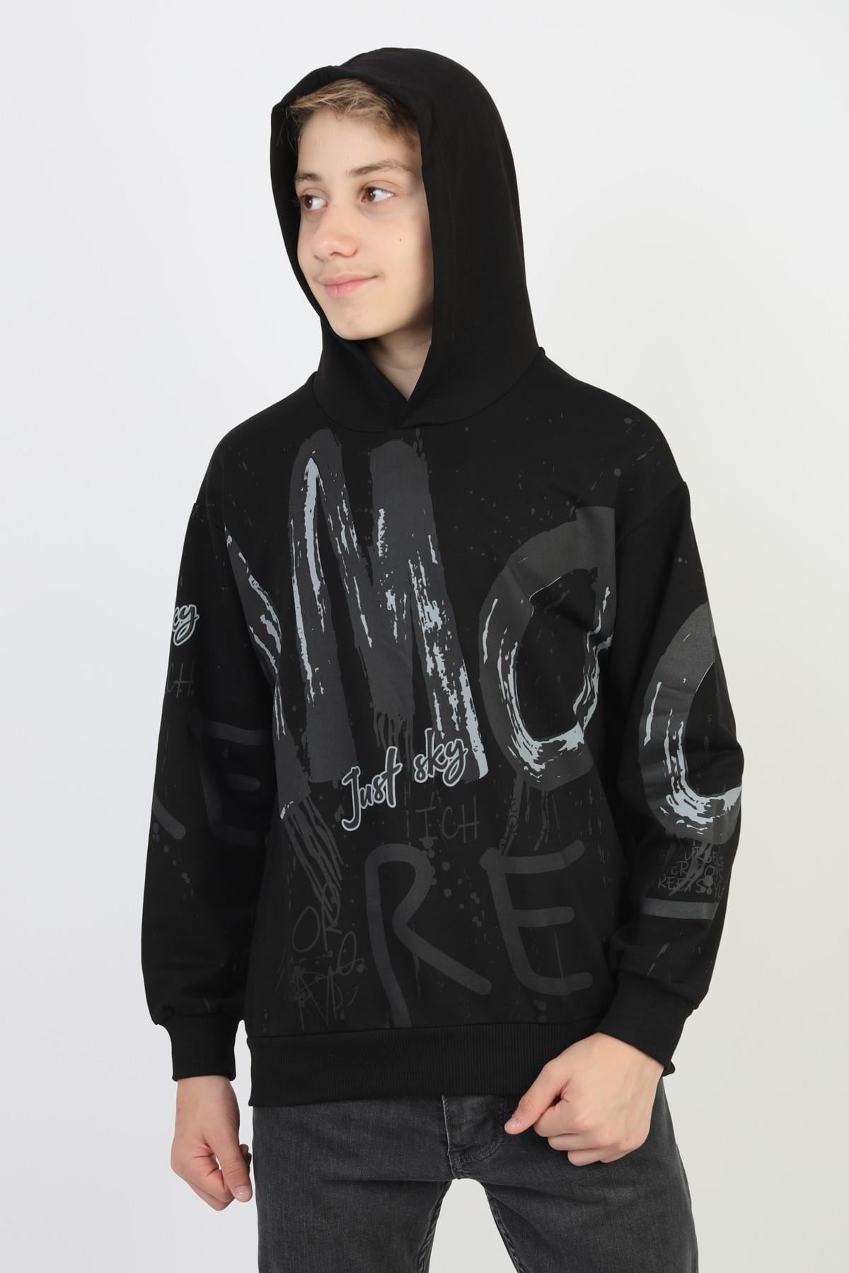 Kapüşonlu İki İplik Baskılı Erkek Çocuk Sweatshirt