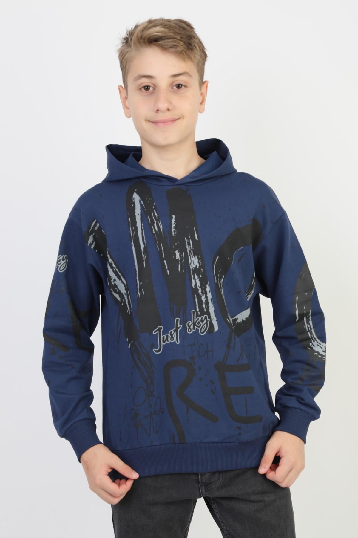 Kapüşonlu İki İplik Baskılı Erkek Çocuk Sweatshirt