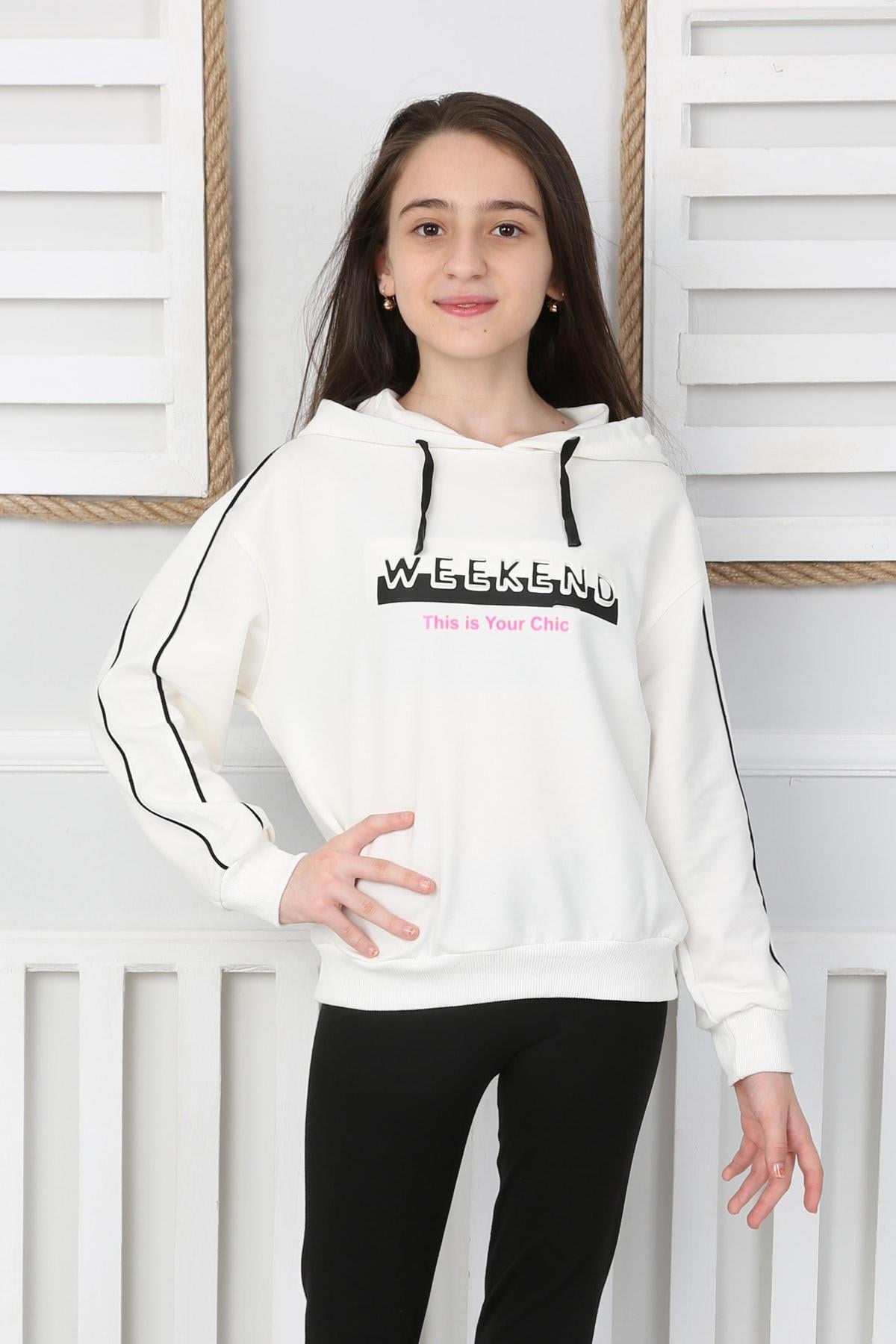 Kapüşonlu İki İplik Baskılı Kız Çocuk Sweatshirt