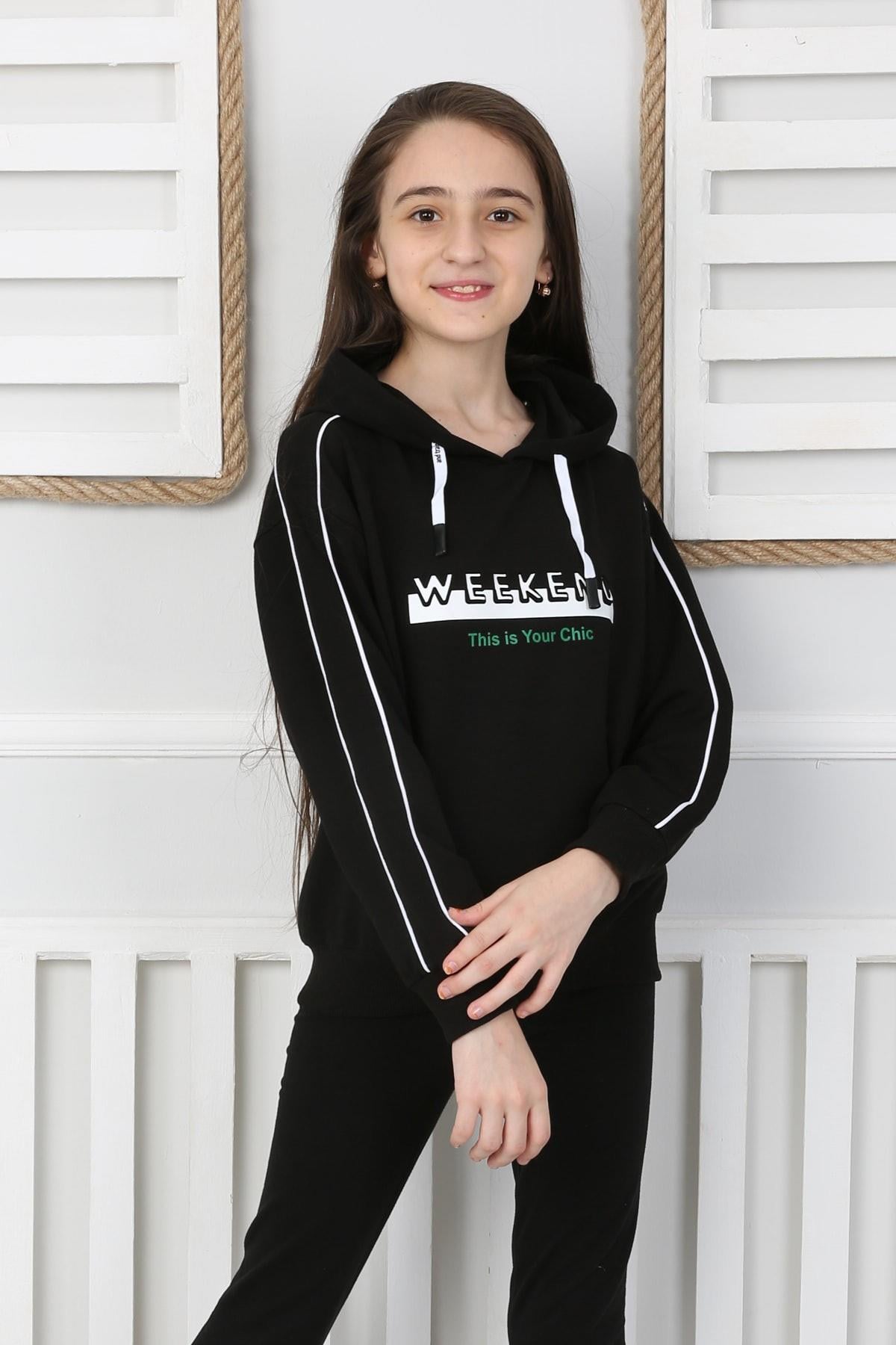 Kapüşonlu İki İplik Baskılı Kız Çocuk Sweatshirt