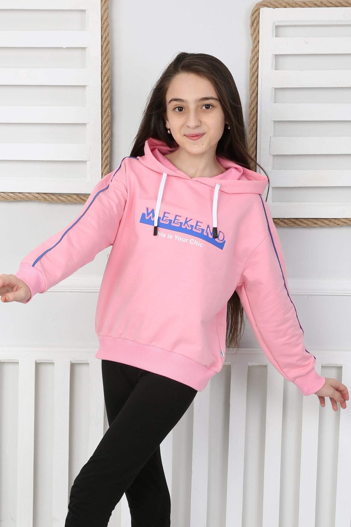 Kapüşonlu İki İplik Baskılı Kız Çocuk Sweatshirt