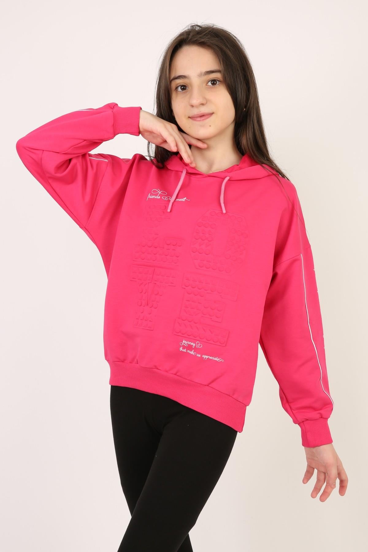 Kapüşonlu İki İplik Baskılı Kız Çocuk Sweatshirt