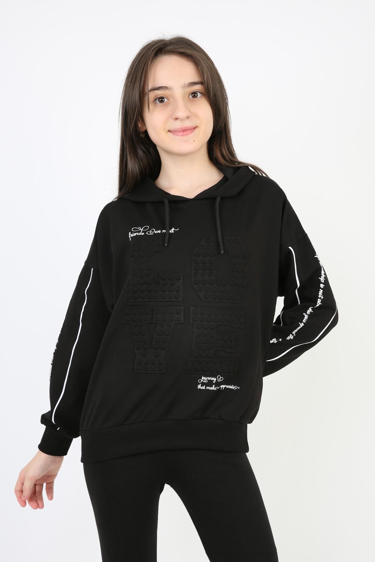 Kapüşonlu İki İplik Baskılı Kız Çocuk Sweatshirt