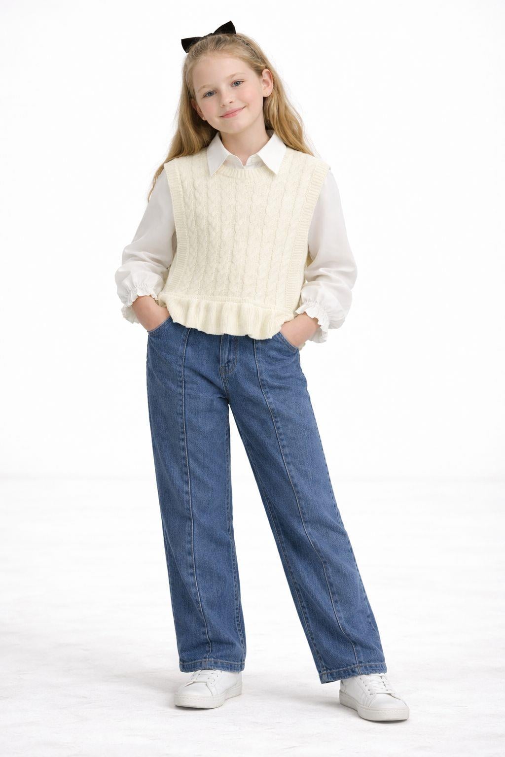 Kız Çocuk Gömlekli Triko Yelekli Jean Kız Çocuk Takım
