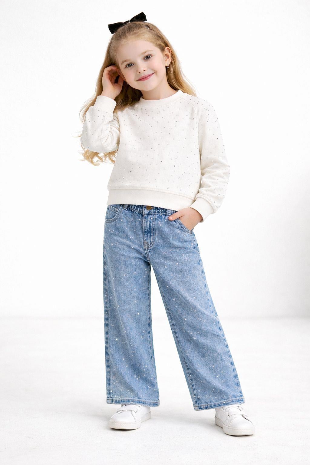 Kız Çocuk  Taş detaylı KREM Sweatshirt ve Taş Detaylı Bol Paça Jean Pantolon 2'li Kombin Takım