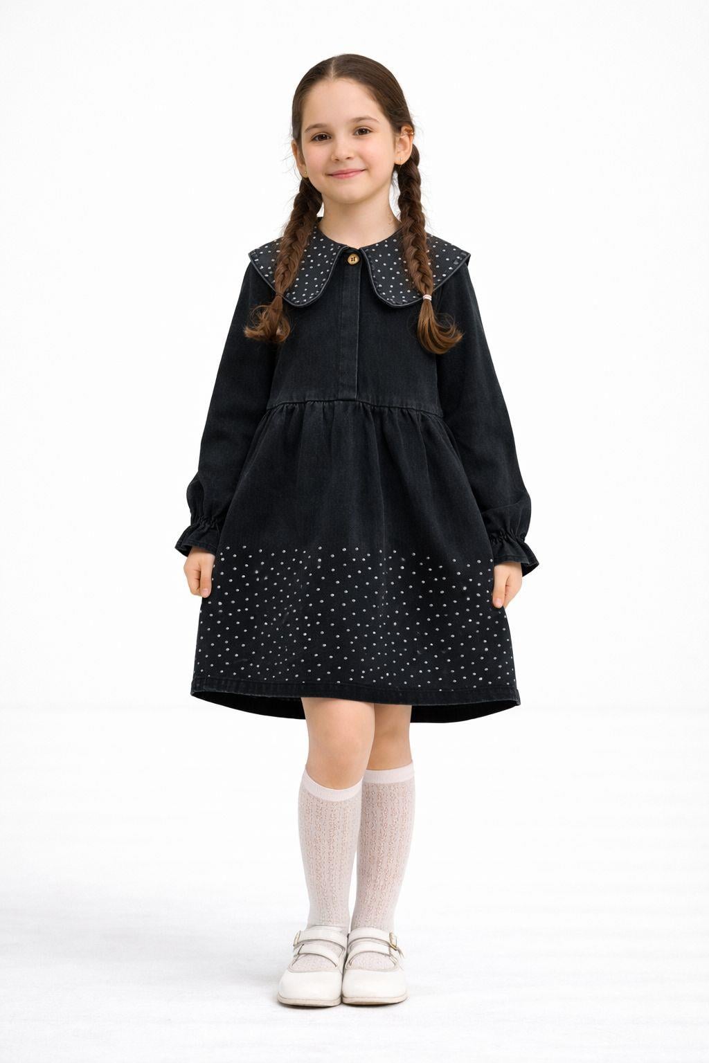 Taş Detaylı Şık Kot Elbise