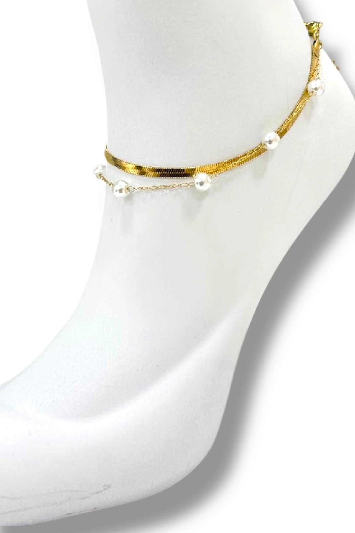 Çelik İnci Boncuklu Çift Zincirli Halhal