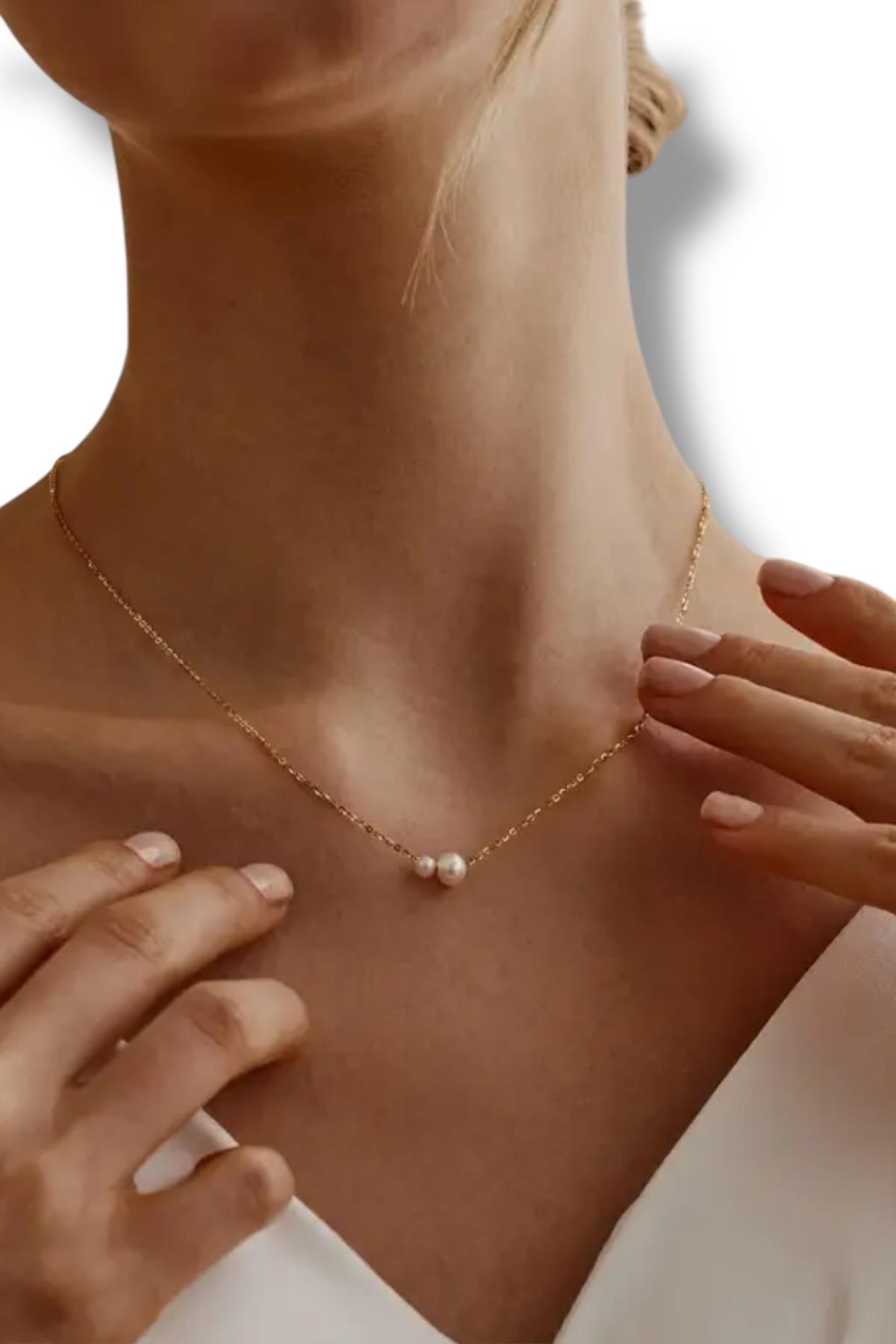 Çift İnci Charm İnce Zincir Kolye