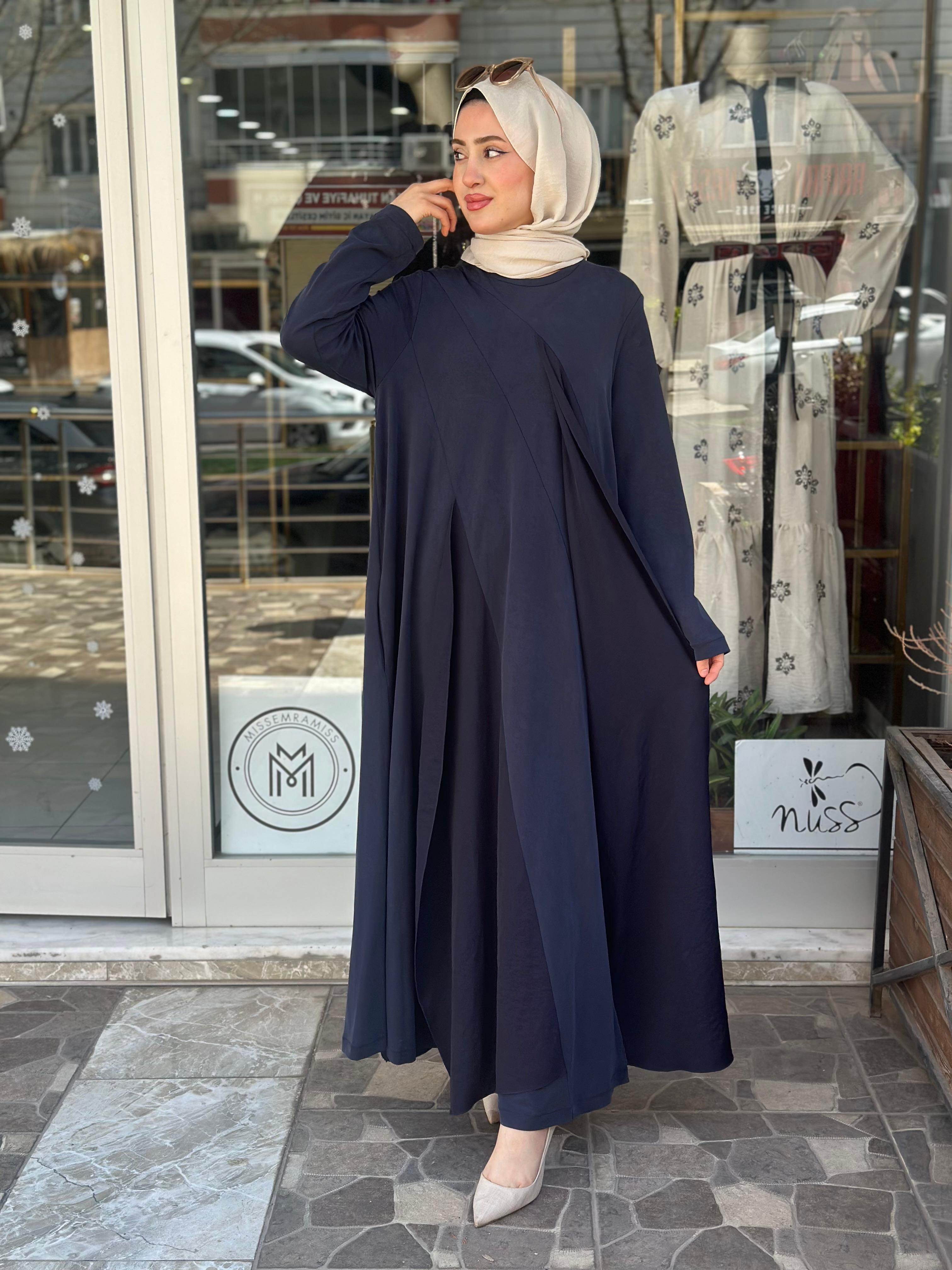 CEREMONY ÖNÜ VE ARKASI DUBAİ GARNİLİ BAMBU ELBİSE LACİVERT 