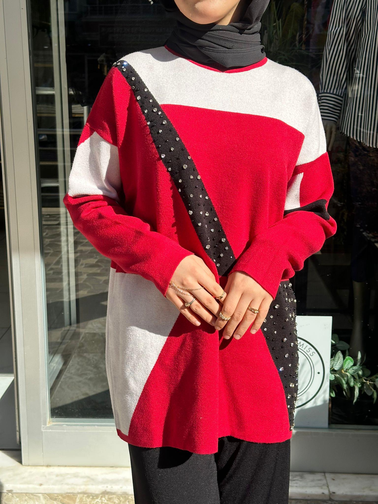 CLOCHE İŞLEMELİ KAZAK KIRMIZI