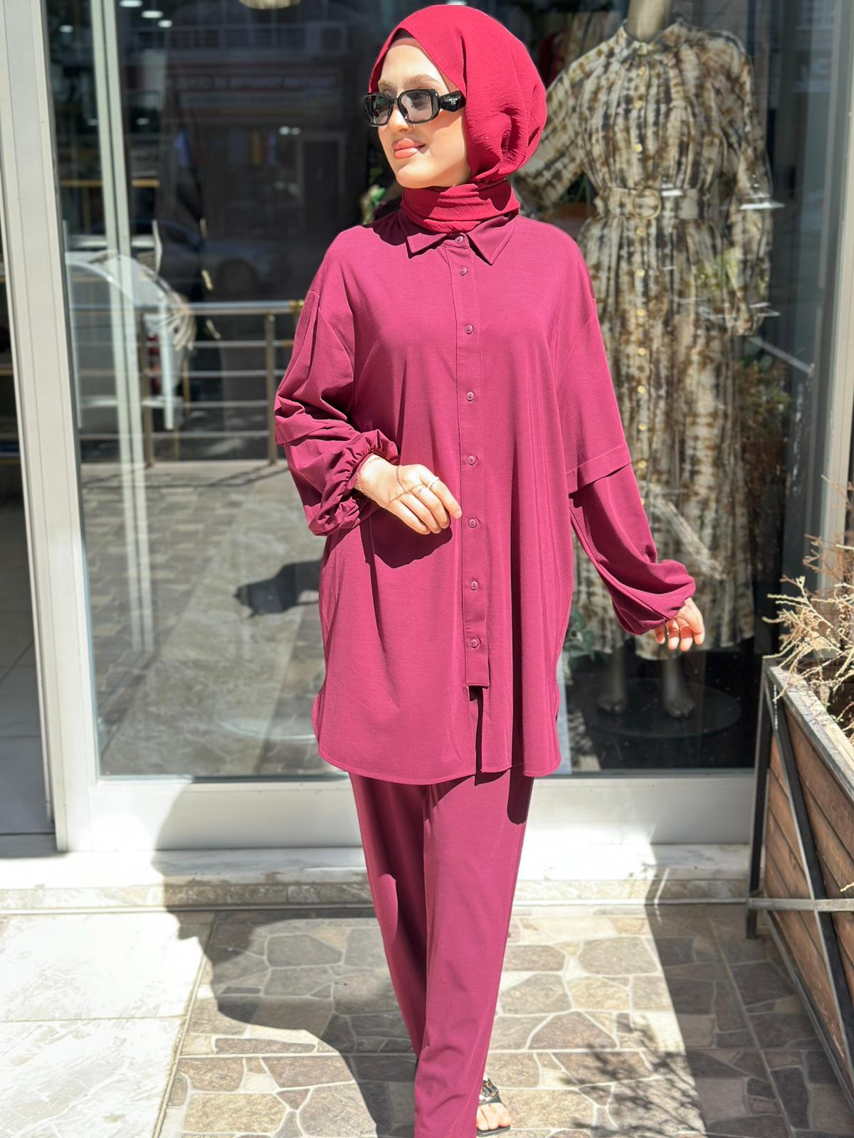 CLOCHE TRİL GÖMLEKLİ TAKIM BORDO 